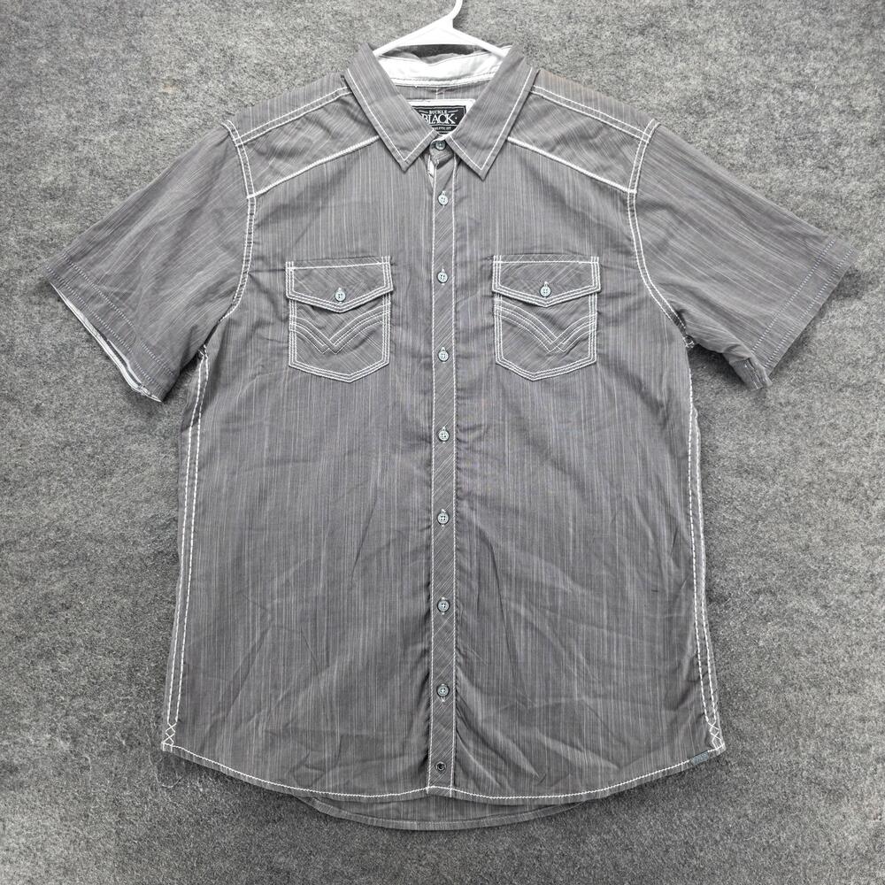 Buckle Black Shirt Mens L Gray Striped Cotton Blend Short Sleeve Button Up